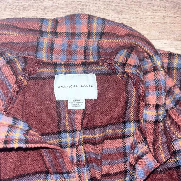 AMERICAN EAGLE 100% Cotton Pink/Red Blue Flannel Button Down Shirt - Picture 3 of 4